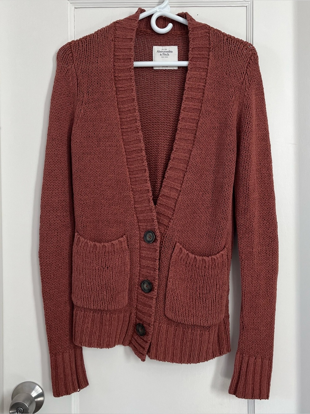 Abercrombie & Fitch Longline Knit Button Down Cardigan w/ Pockets Red Orange XS